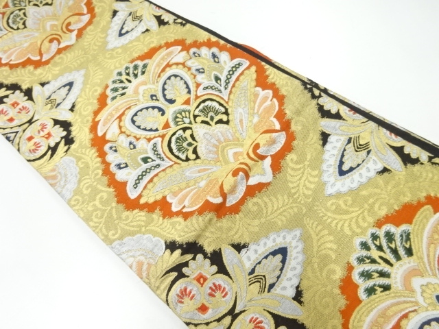 アンティーク　花更紗模様織出し袋帯（着用可）